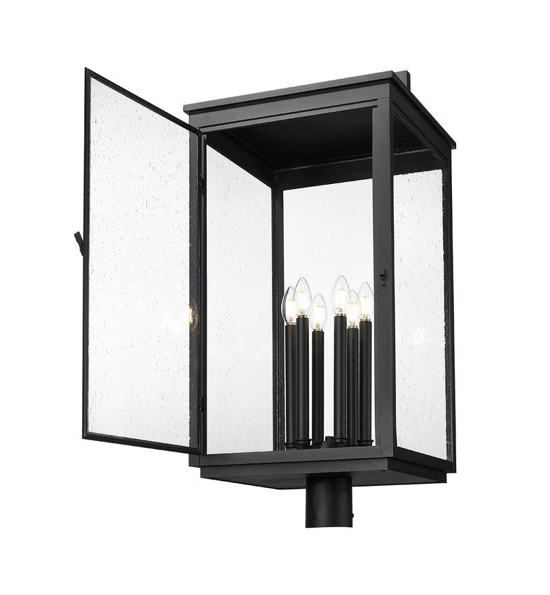 Z-Lite Hartwell 5019PHXXLR-BK 6-Light Candelabra Bulb Base Sand Black Aluminum Clear Seedy Glass Shade Outdoor Post Mounted Fixture
