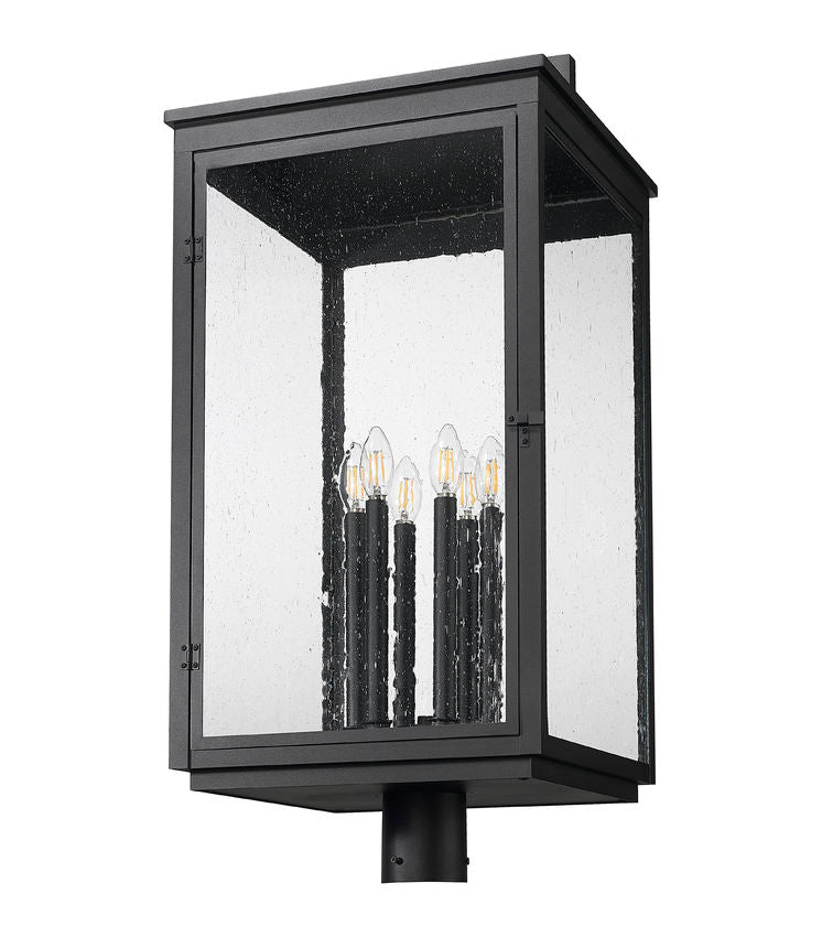 Z-Lite Hartwell 5019PHXXLR-BK 6-Light Candelabra Bulb Base Sand Black Aluminum Clear Seedy Glass Shade Outdoor Post Mounted Fixture