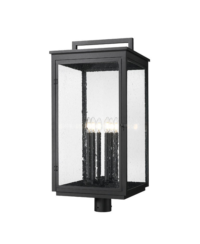 Z-Lite Hartwell 5019PHXXLR-BK 6-Light Candelabra Bulb Base Sand Black Aluminum Clear Seedy Glass Shade Outdoor Post Mounted Fixture