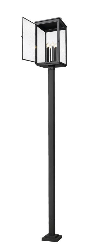 Z-Lite Hartwell 5019PHXXLS-536P-BK 6-Light Candelabra Bulb Base Sand Black Aluminum Clear Seedy Glass Shade Outdoor Post Mounted Fixture