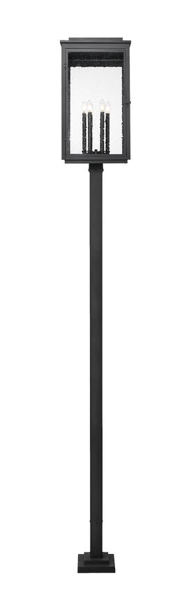 Z-Lite Hartwell 5019PHXXLS-536P-BK 6-Light Candelabra Bulb Base Sand Black Aluminum Clear Seedy Glass Shade Outdoor Post Mounted Fixture