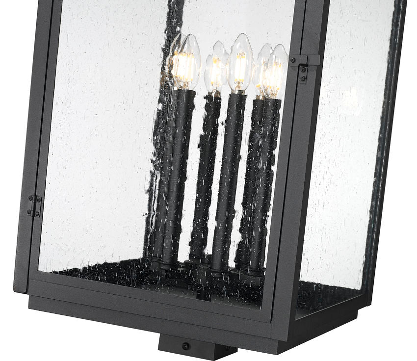 Z-Lite Hartwell 5019PHXXLS-BK 6-Light Candelabra Bulb Base Sand Black Aluminum Clear Seedy Glass Shade Outdoor Post Mounted Fixture