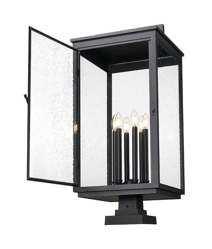 Z-Lite Hartwell 5019PHXXLS-SQPM-BK 6-Light Candelabra Bulb Base Sand Black Aluminum Clear Seedy Glass Shade Outdoor Pier Mounted Fixture