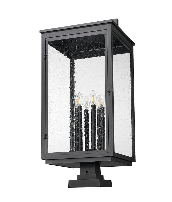 Z-Lite Hartwell 5019PHXXLS-SQPM-BK 6-Light Candelabra Bulb Base Sand Black Aluminum Clear Seedy Glass Shade Outdoor Pier Mounted Fixture