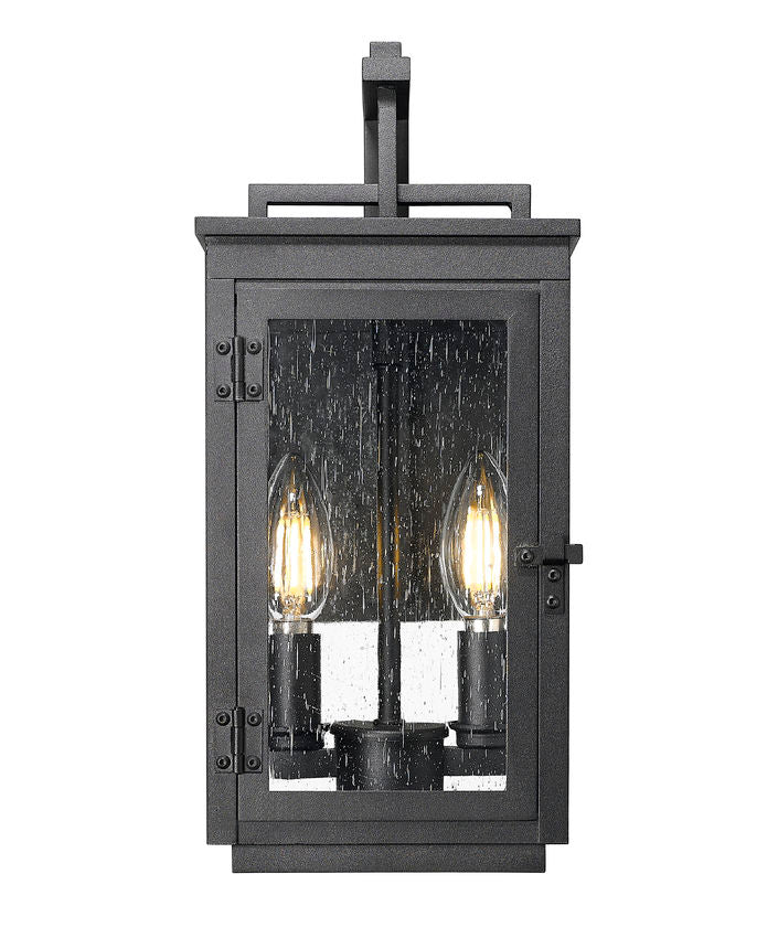Z-Lite Hartwell 5019S-BK 2-Light Candelabra Bulb Base Sand Black Aluminum Clear Seedy Glass Shade Outdoor Wall Light