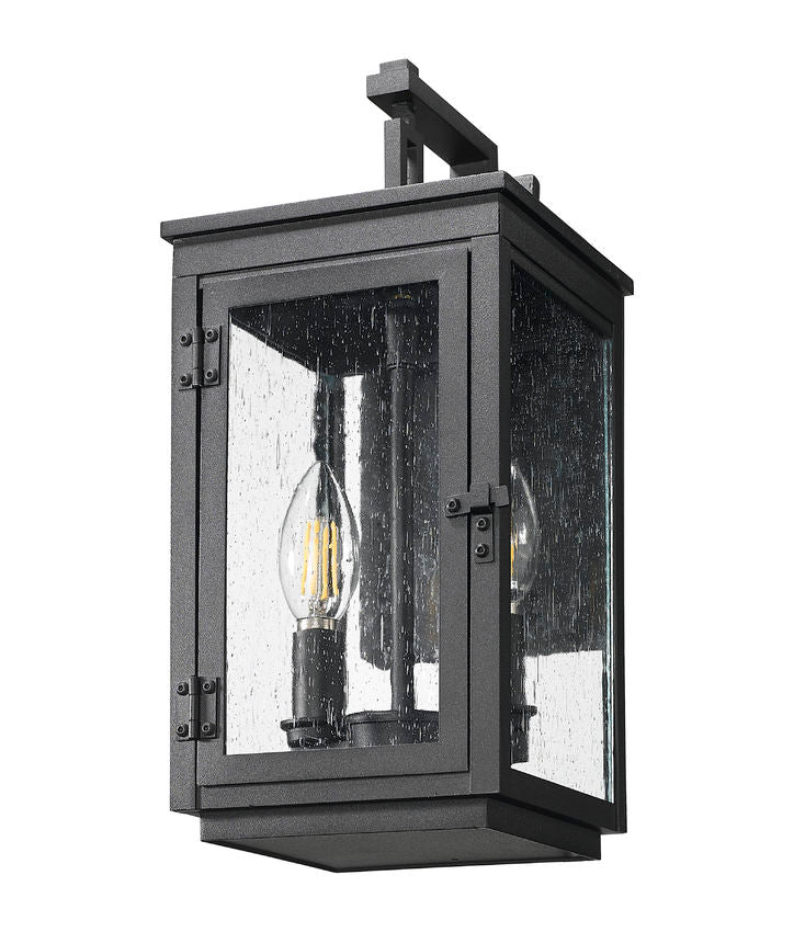 Z-Lite Hartwell 5019S-BK 2-Light Candelabra Bulb Base Sand Black Aluminum Clear Seedy Glass Shade Outdoor Wall Light