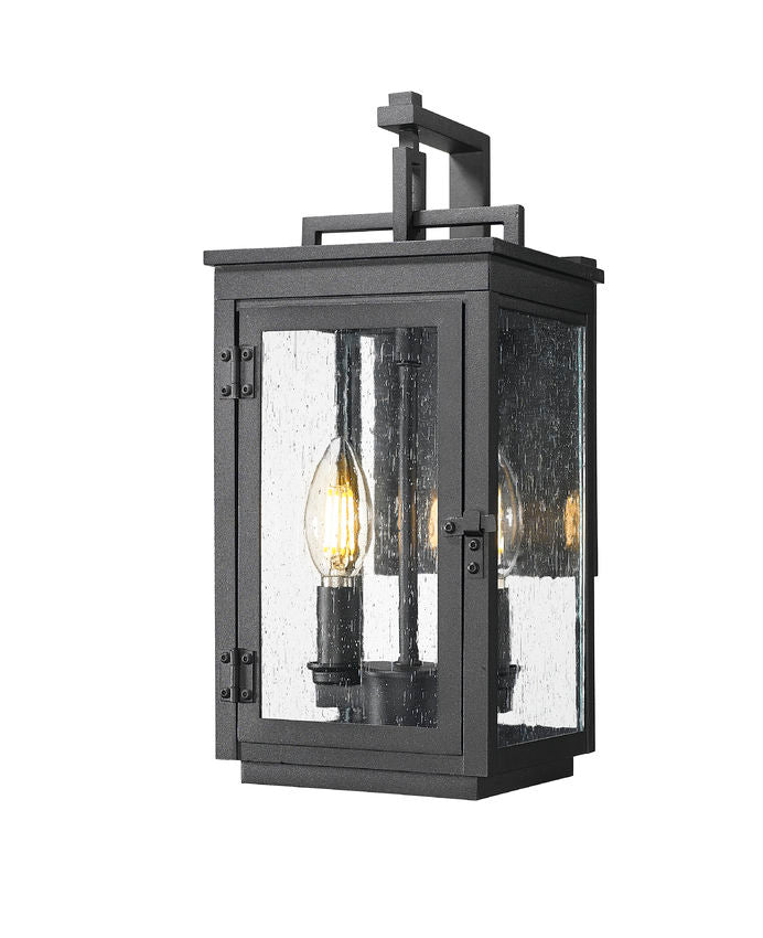 Z-Lite Hartwell 5019S-BK 2-Light Candelabra Bulb Base Sand Black Aluminum Clear Seedy Glass Shade Outdoor Wall Light