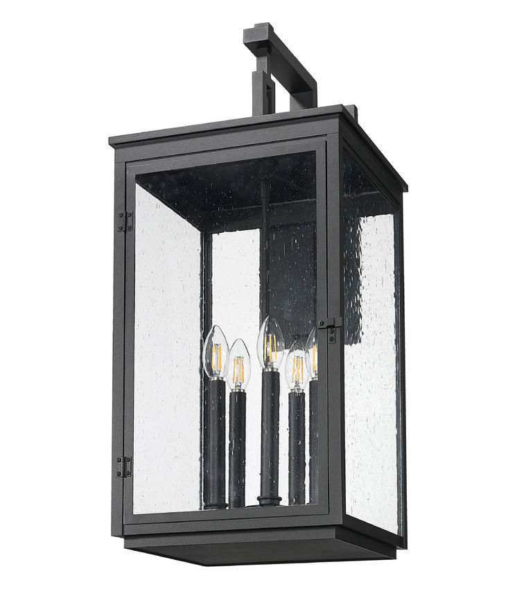 Z-Lite Hartwell 5019XL-BK 5-Light Candelabra Bulb Base Sand Black Aluminum Clear Seedy Glass Shade Outdoor Wall Light
