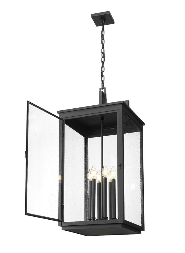 Z-Lite Hartwell 6-Light Candelabra Sand Black Aluminum Frame Clear Seedy Glass Shade Outdoor Chain Mount Ceiling Fixture