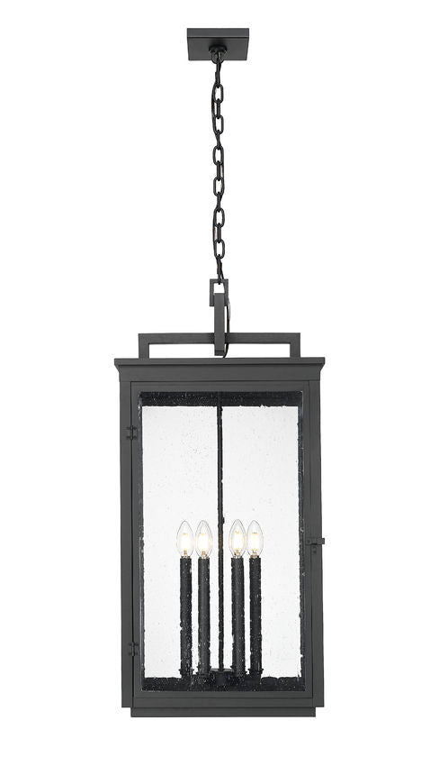 Z-Lite Hartwell 6-Light Candelabra Sand Black Aluminum Frame Clear Seedy Glass Shade Outdoor Chain Mount Ceiling Fixture