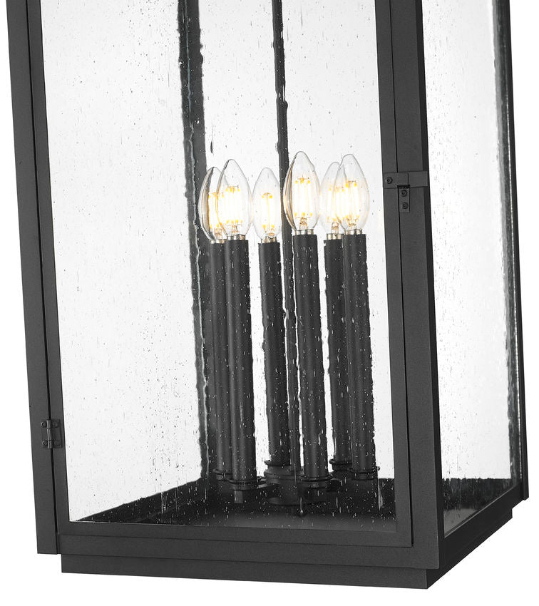 Z-Lite Hartwell 6-Light Candelabra Sand Black Aluminum Frame Clear Seedy Glass Shade Outdoor Chain Mount Ceiling Fixture