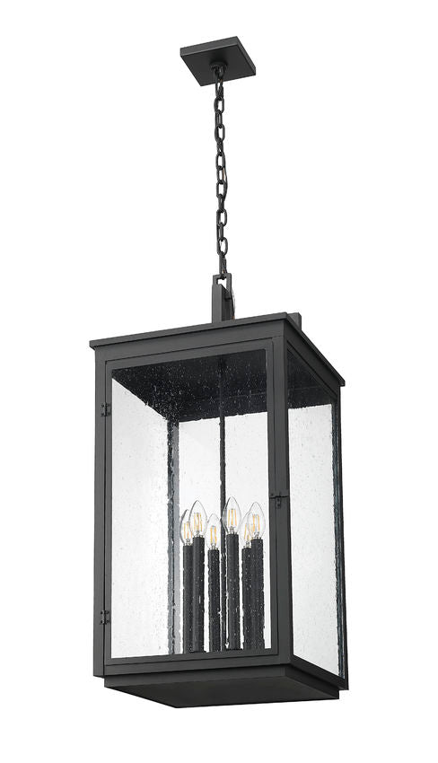 Z-Lite Hartwell 6-Light Candelabra Sand Black Aluminum Frame Clear Seedy Glass Shade Outdoor Chain Mount Ceiling Fixture