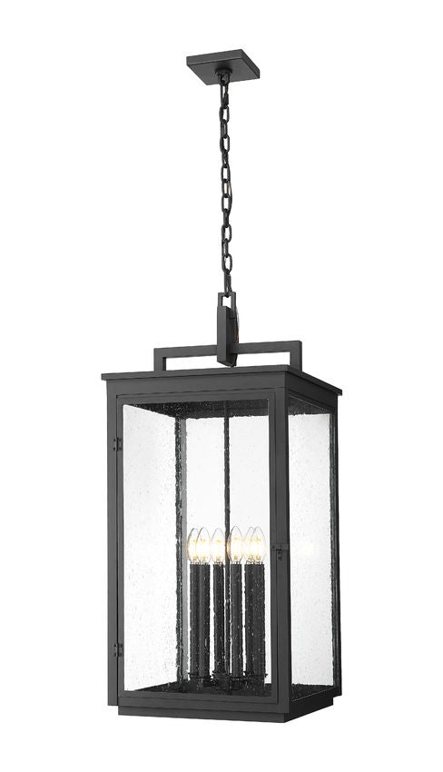 Z-Lite Hartwell 6-Light Candelabra Sand Black Aluminum Frame Clear Seedy Glass Shade Outdoor Chain Mount Ceiling Fixture