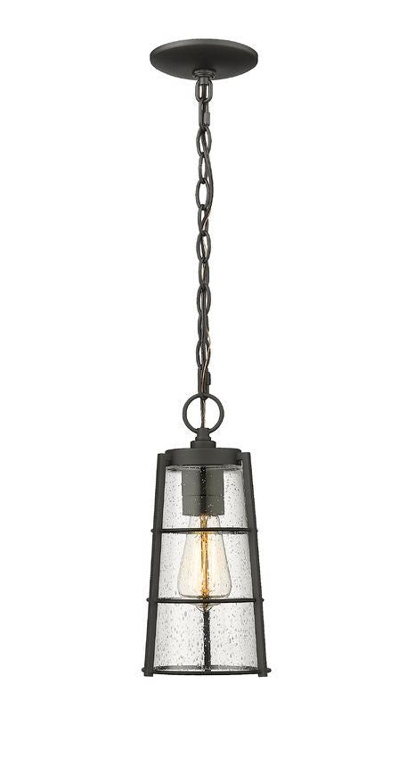 Z-Lite Helix 6" W x 14" H 1-Light Black Aluminum Outdoor Chain Mount Ceiling Fixture With Clear Seedy Glass Shade