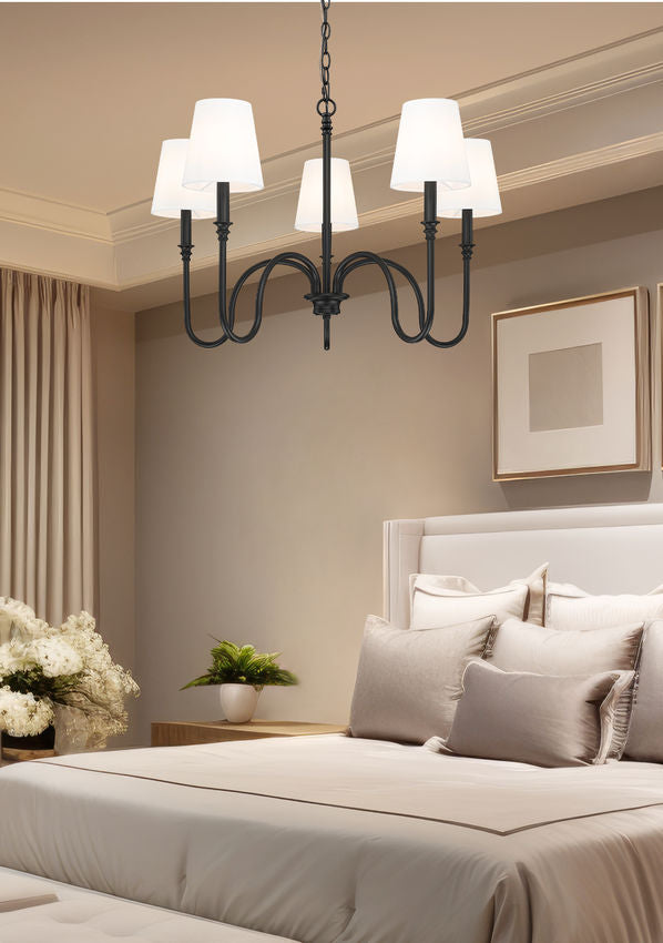 Z-Lite Jisele 30" 5-Light Matte Black Steel Frame White Linen Shade Chandelier