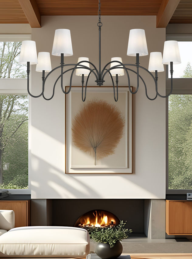 Z-Lite Jisele 59" 8-Light Matte Black Steel Frame White Linen Shade Chandelier