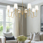 Z-Lite Jisele 59" 8-Light Rubbed Brass Steel Frame White Linen Shade Chandelier