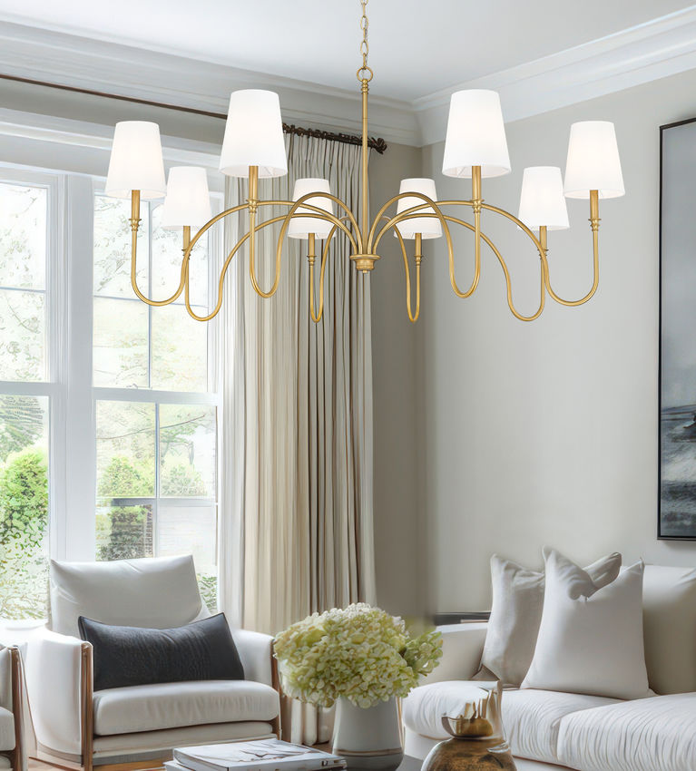 Z-Lite Jisele 59" 8-Light Rubbed Brass Steel Frame White Linen Shade Chandelier