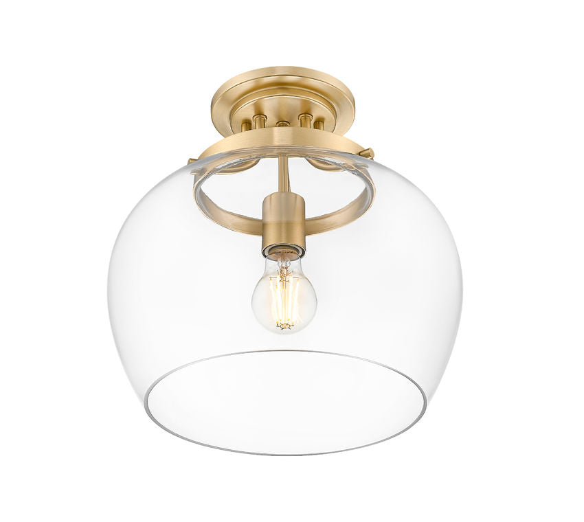 Z-Lite Joliet 13" 1-Light Burnished Brass Steel Frame Clear Glass Shade Semi-Flush Mount Lighting