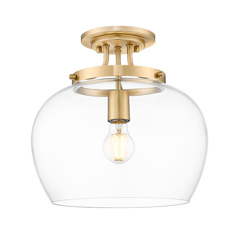Z-Lite Joliet 13" 1-Light Burnished Brass Steel Frame Clear Glass Shade Semi-Flush Mount Lighting
