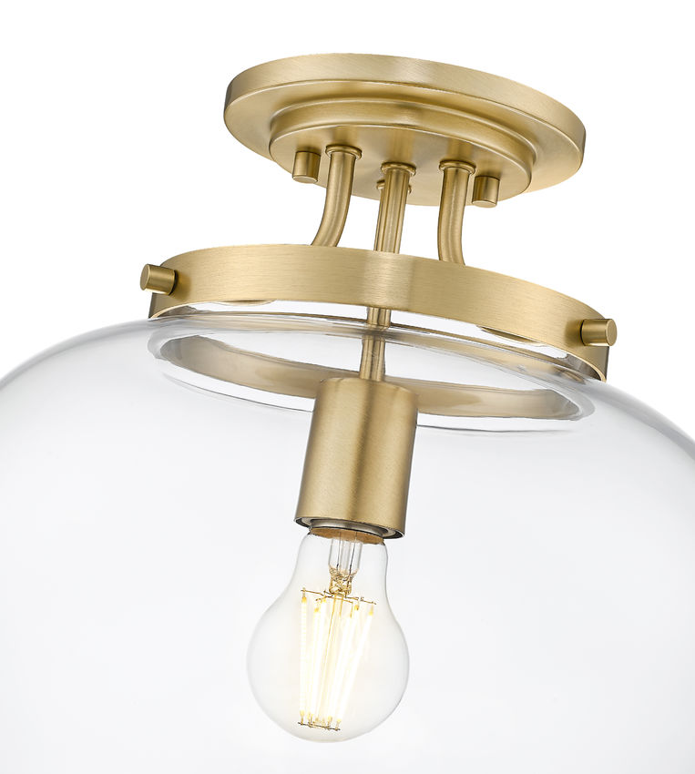 Z-Lite Joliet 13" 1-Light Burnished Brass Steel Frame Clear Glass Shade Semi-Flush Mount Lighting