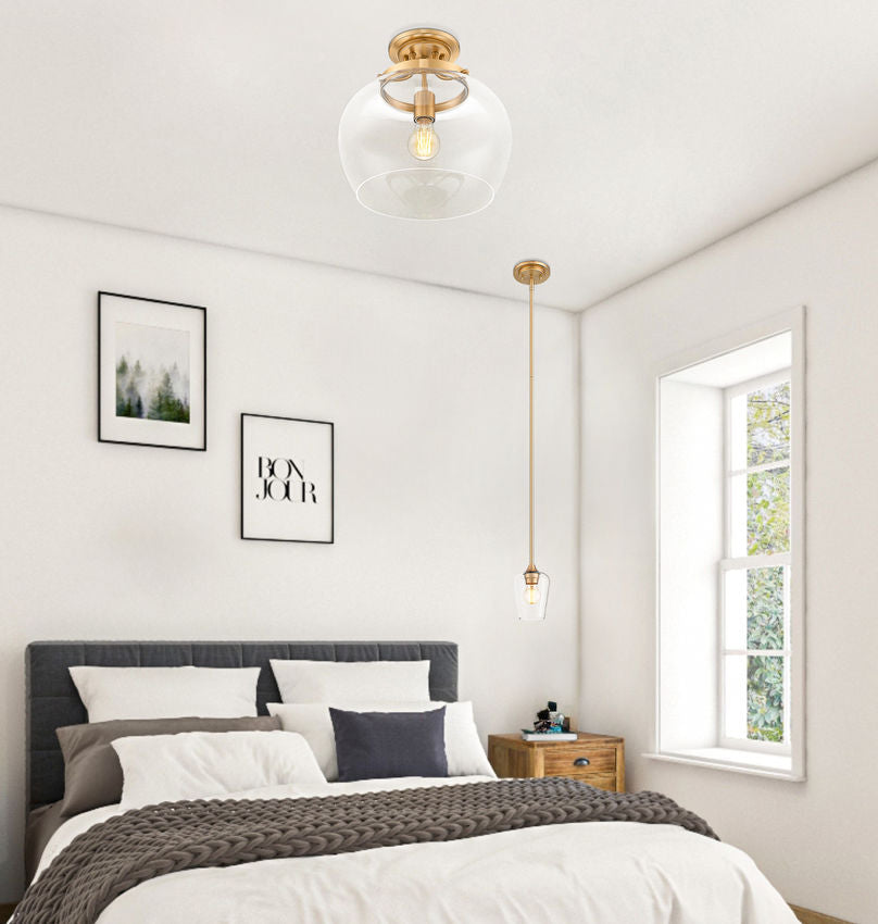 Z-Lite Joliet 13" 1-Light Burnished Brass Steel Frame Clear Glass Shade Semi-Flush Mount Lighting
