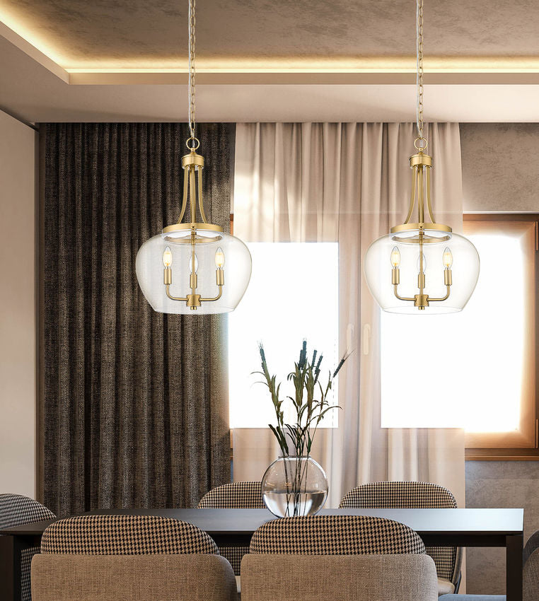 Z-Lite Joliet 16" 3-Light Burnished Brass Steel Frame Clear Glass Shade Pendant Light