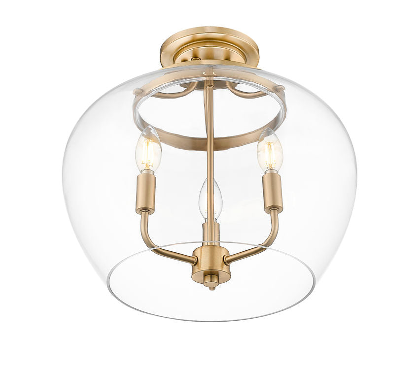 Z-Lite Joliet 16" 3-Light Burnished Brass Steel Frame Clear Glass Shade Semi-Flush Mount Lighting