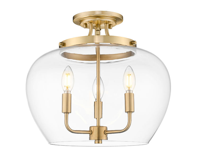 Z-Lite Joliet 16" 3-Light Burnished Brass Steel Frame Clear Glass Shade Semi-Flush Mount Lighting