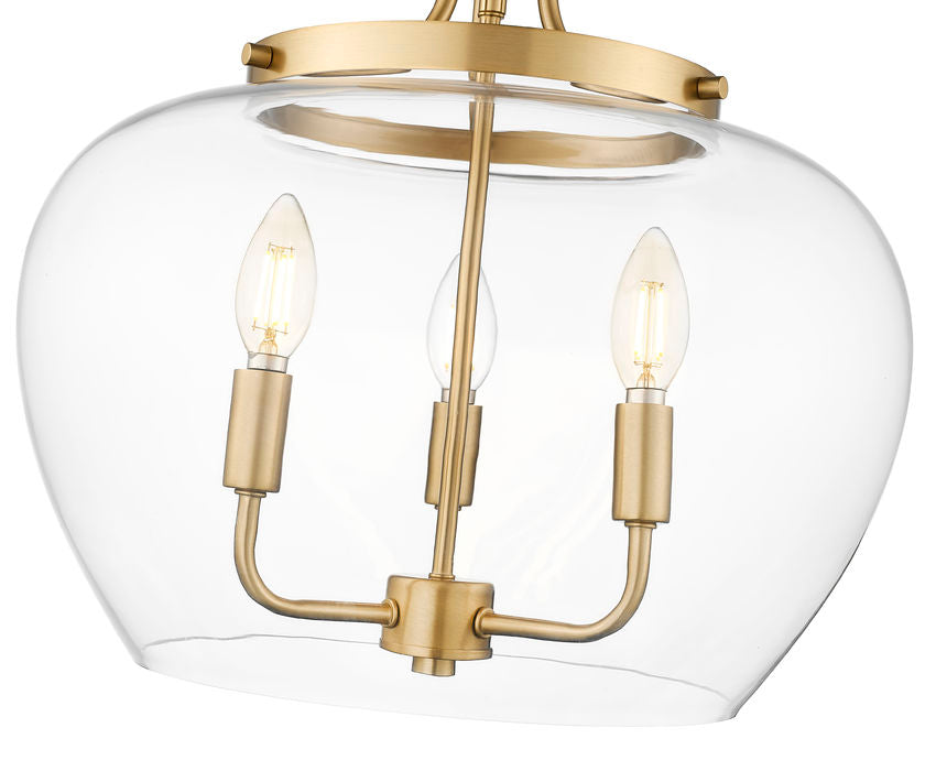 Z-Lite Joliet 16" 3-Light Burnished Brass Steel Frame Clear Glass Shade Semi-Flush Mount Lighting