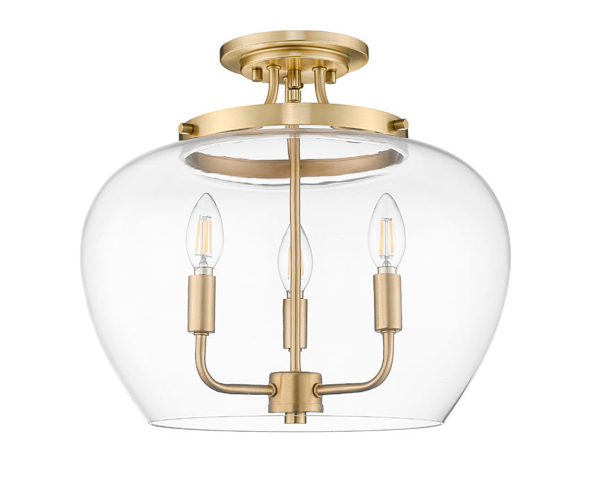 Z-Lite Joliet 16" 3-Light Burnished Brass Steel Frame Clear Glass Shade Semi-Flush Mount Lighting