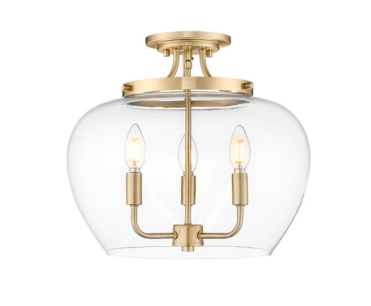 Z-Lite Joliet 16" 3-Light Burnished Brass Steel Frame Clear Glass Shade Semi-Flush Mount Lighting