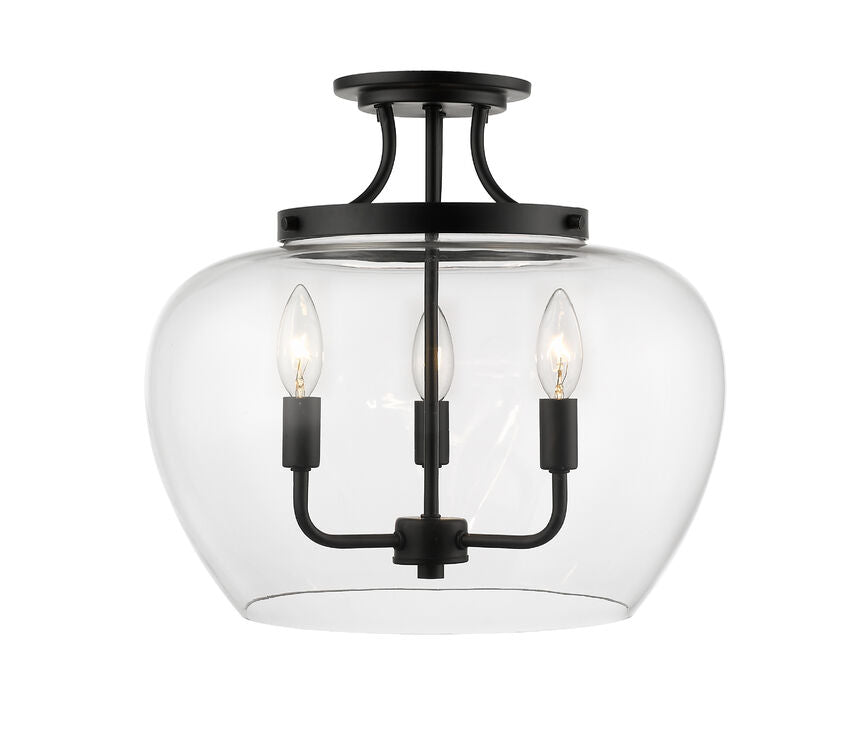 Z-Lite Joliet 16" 3-Light Matte Black Semi Flush Mount With Clear Glass Shade