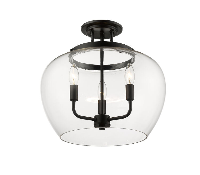 Z-Lite Joliet 16" 3-Light Matte Black Semi Flush Mount With Clear Glass Shade