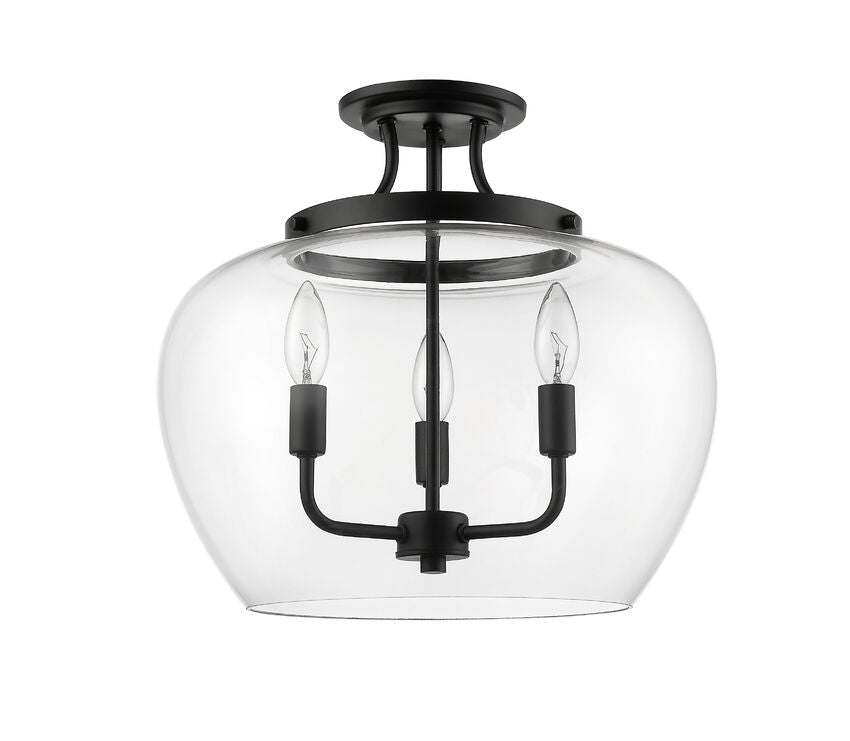 Z-Lite Joliet 16" 3-Light Matte Black Semi Flush Mount With Clear Glass Shade