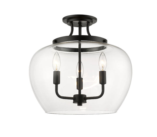 Z-Lite Joliet 16" 3-Light Matte Black Semi Flush Mount With Clear Glass Shade