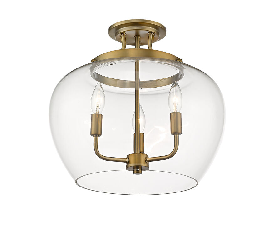 Z-Lite Joliet 16" 3-Light Olde Brass Semi Flush Mount With Clear Glass Shade