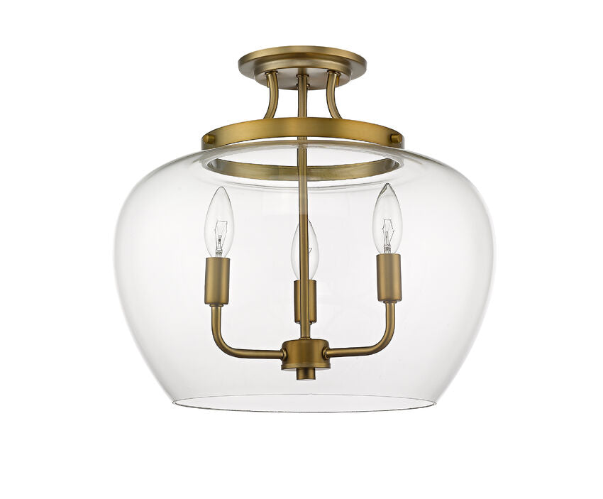 Z-Lite Joliet 16" 3-Light Olde Brass Semi Flush Mount With Clear Glass Shade