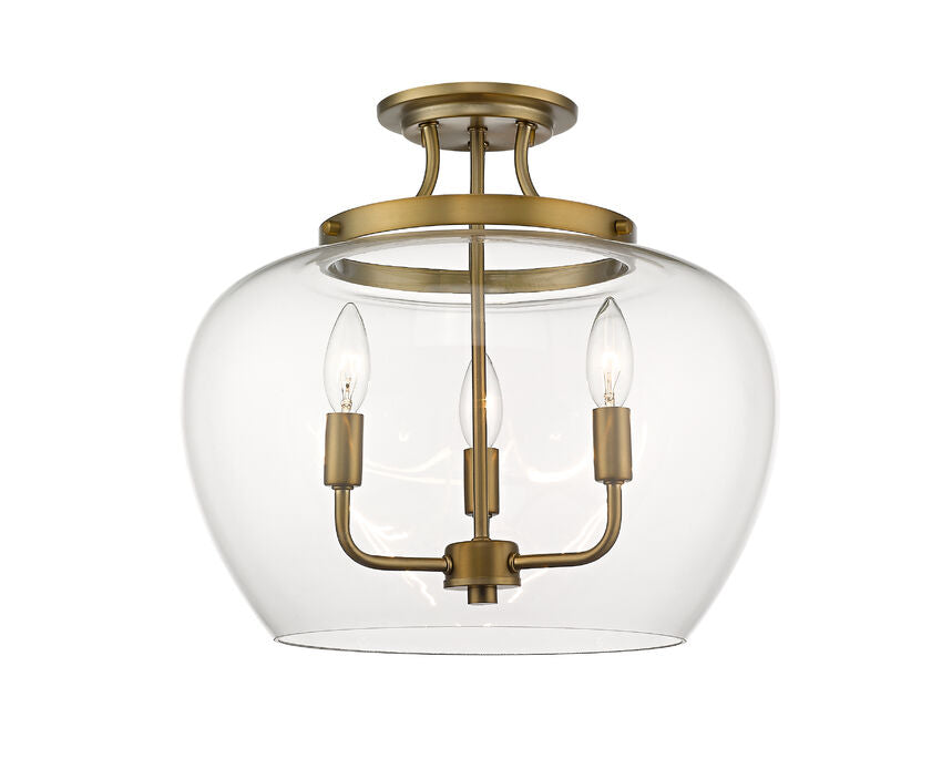 Z-Lite Joliet 16" 3-Light Olde Brass Semi Flush Mount With Clear Glass Shade