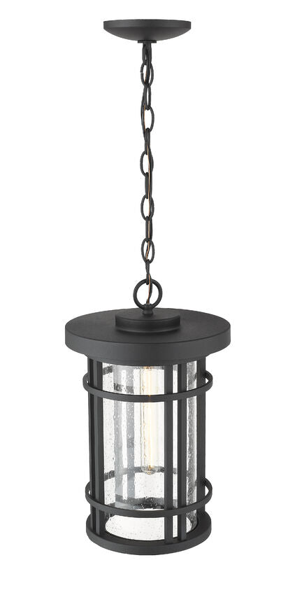 Z-Lite Jordan 10" 1-Light Black Aluminum Outdoor Chain Mount Ceiling Fixture With Clear Seedy Glass Shade
