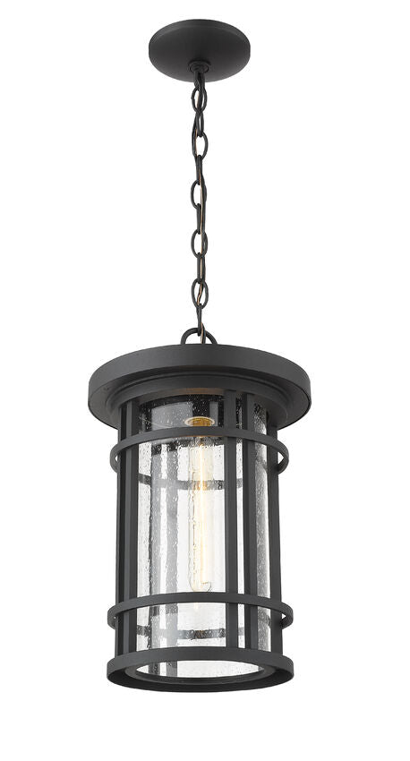 Z-Lite Jordan 10" 1-Light Black Aluminum Outdoor Chain Mount Ceiling Fixture With Clear Seedy Glass Shade