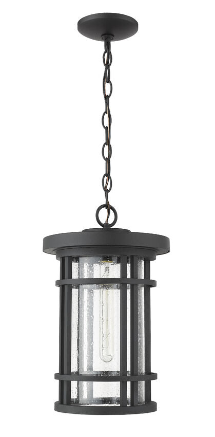 Z-Lite Jordan 10" 1-Light Black Aluminum Outdoor Chain Mount Ceiling Fixture With Clear Seedy Glass Shade