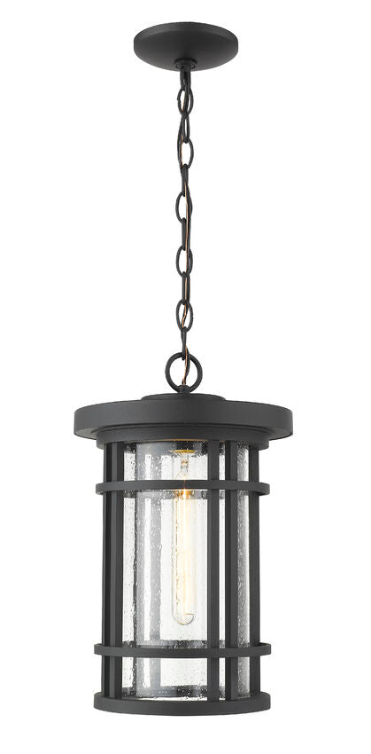 Z-Lite Jordan 10" 1-Light Black Aluminum Outdoor Chain Mount Ceiling Fixture With Clear Seedy Glass Shade