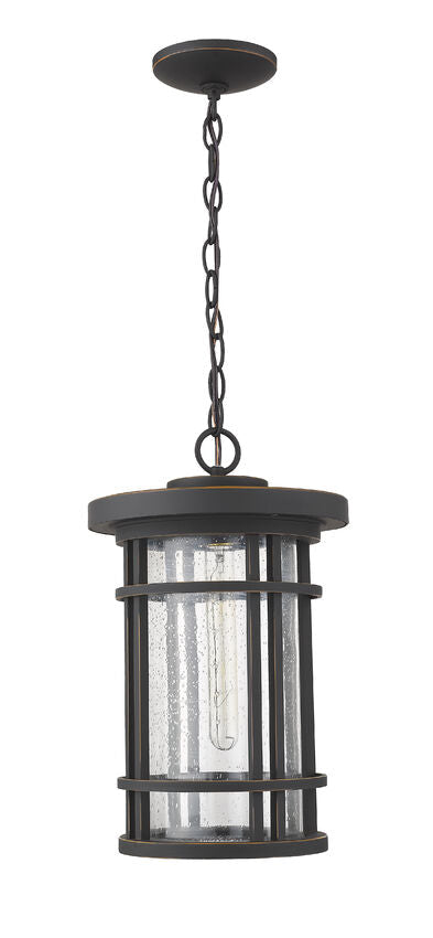 Z-Lite Jordan 10" 1-Light Oil Rubbed Bronze Aluminum Outdoor Chain Mount Ceiling Fixture With Clear Seedy Glass Shade