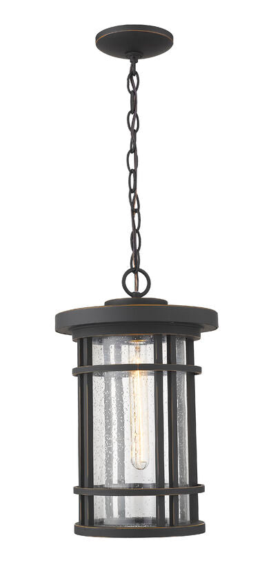 Z-Lite Jordan 10" 1-Light Oil Rubbed Bronze Aluminum Outdoor Chain Mount Ceiling Fixture With Clear Seedy Glass Shade