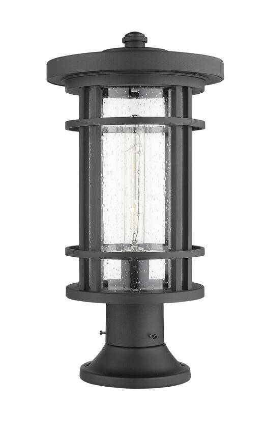 Z-Lite Jordan 10" W x 20" H 1-Light Black Outdoor Post Mount Fixture and Round Pier Mount With Clear Seedy Glass Shade
