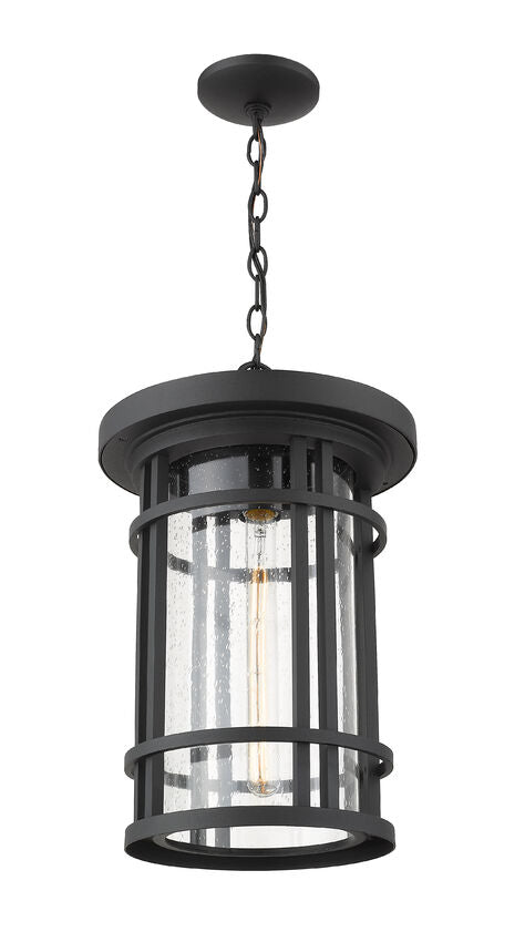 Z-Lite Jordan 12" 1-Light Black Aluminum Outdoor Chain Mount Ceiling Fixture With Clear Seedy Glass Shade