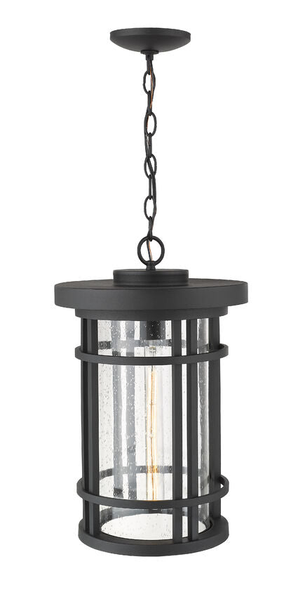 Z-Lite Jordan 12" 1-Light Black Aluminum Outdoor Chain Mount Ceiling Fixture With Clear Seedy Glass Shade