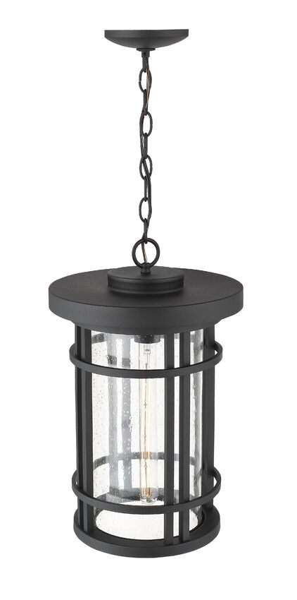 Z-Lite Jordan 12" 1-Light Black Aluminum Outdoor Chain Mount Ceiling Fixture With Clear Seedy Glass Shade
