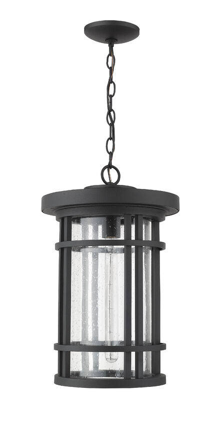 Z-Lite Jordan 12" 1-Light Black Aluminum Outdoor Chain Mount Ceiling Fixture With Clear Seedy Glass Shade
